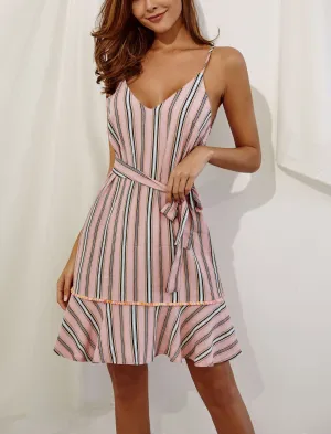 Fashion V-neck Striped Sling Ruffled Dress