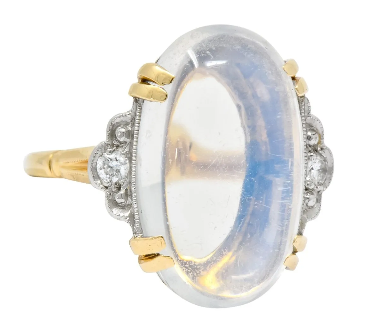 Felger Inc. 1940's Retro Moonstone Diamond Platinum-Topped 14 Karat Gold Ring