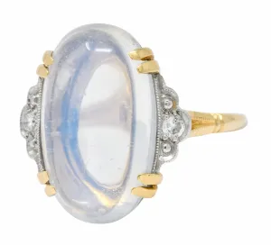 Felger Inc. 1940's Retro Moonstone Diamond Platinum-Topped 14 Karat Gold Ring