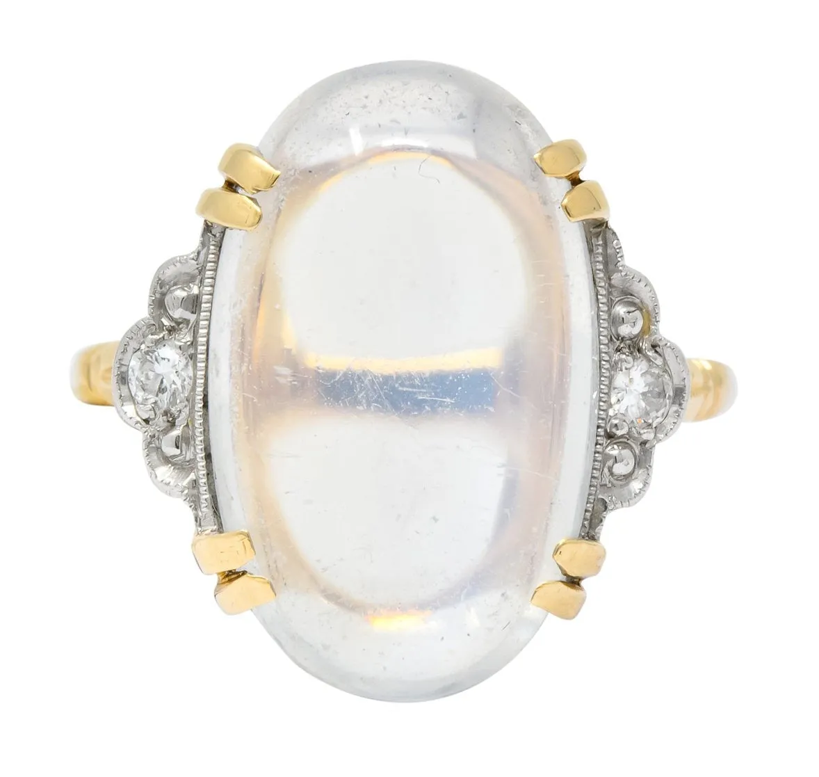 Felger Inc. 1940's Retro Moonstone Diamond Platinum-Topped 14 Karat Gold Ring