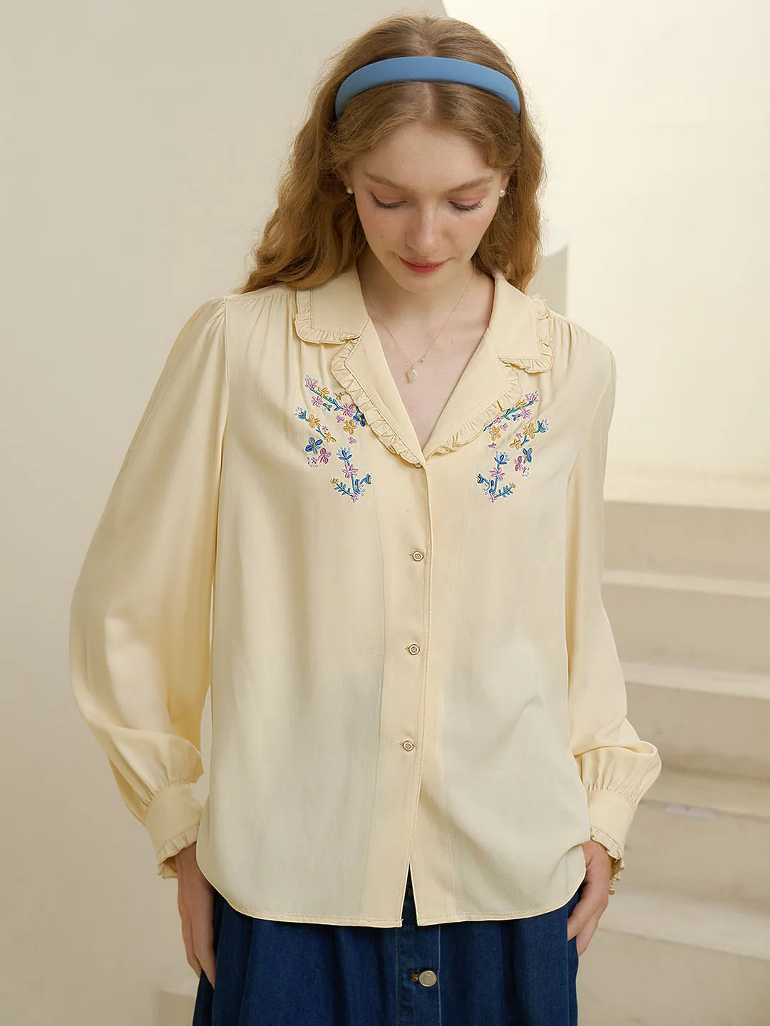 【Final Sale】Convallaria Floral Embroidered Light Yellow Puff Top
