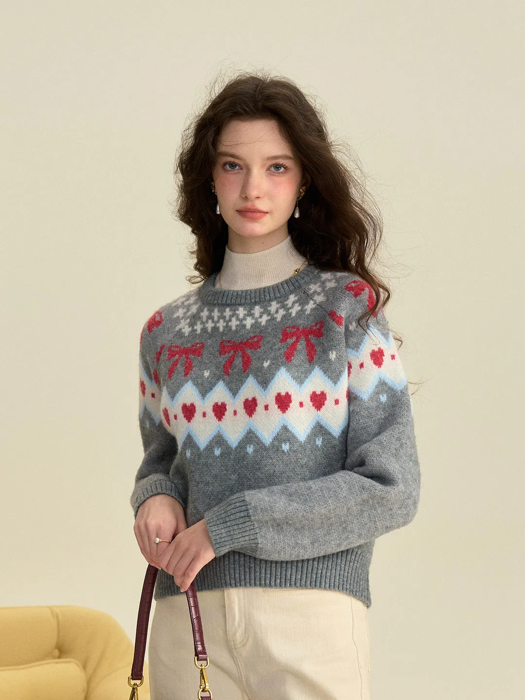 【Final Sale】Elina Round Neck Ribbed Embroidered Bow Heartcore Sweater