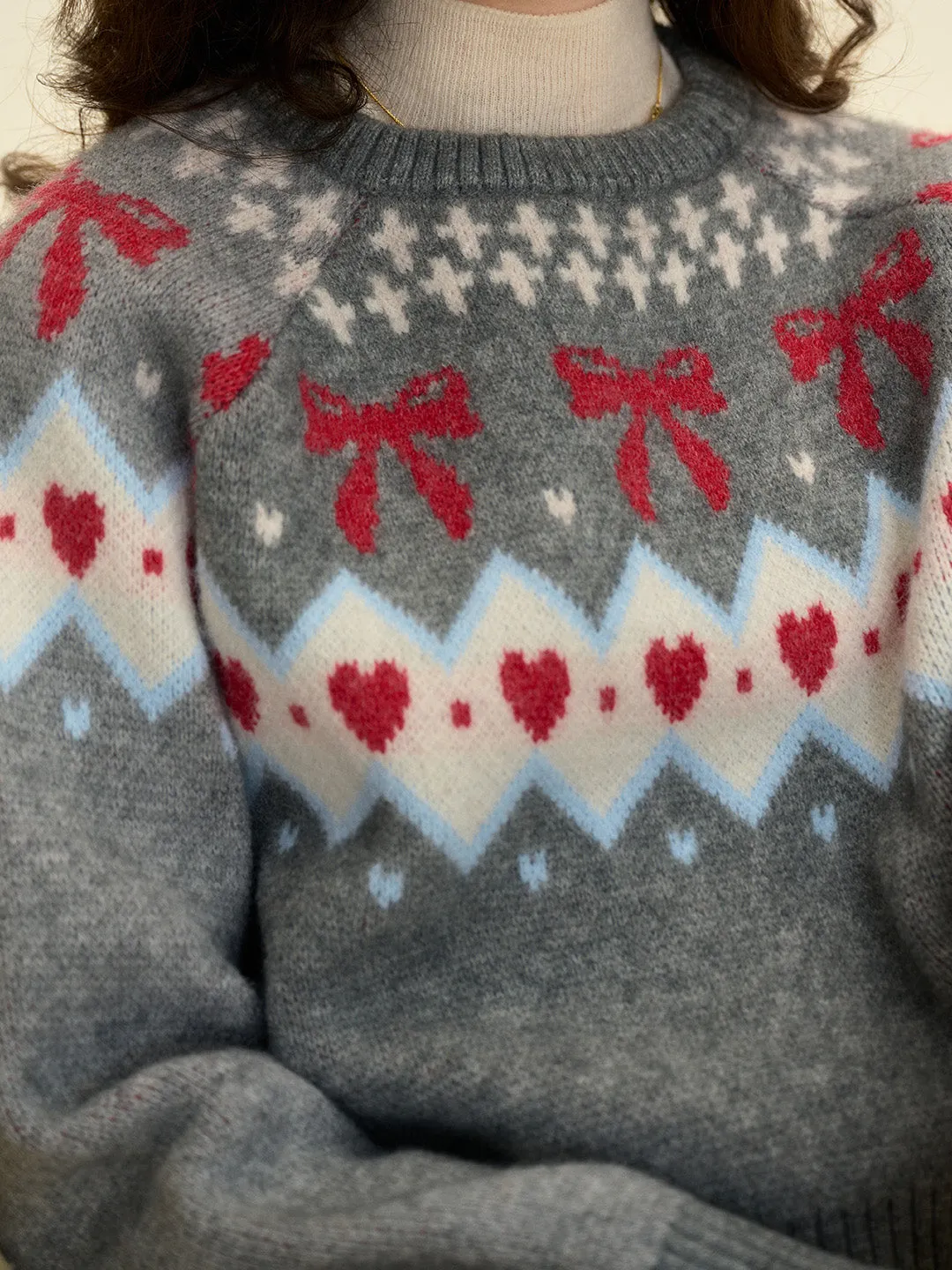 【Final Sale】Elina Round Neck Ribbed Embroidered Bow Heartcore Sweater