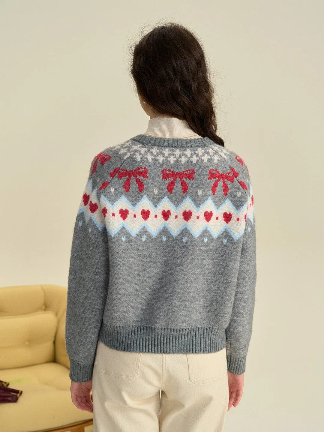 【Final Sale】Elina Round Neck Ribbed Embroidered Bow Heartcore Sweater