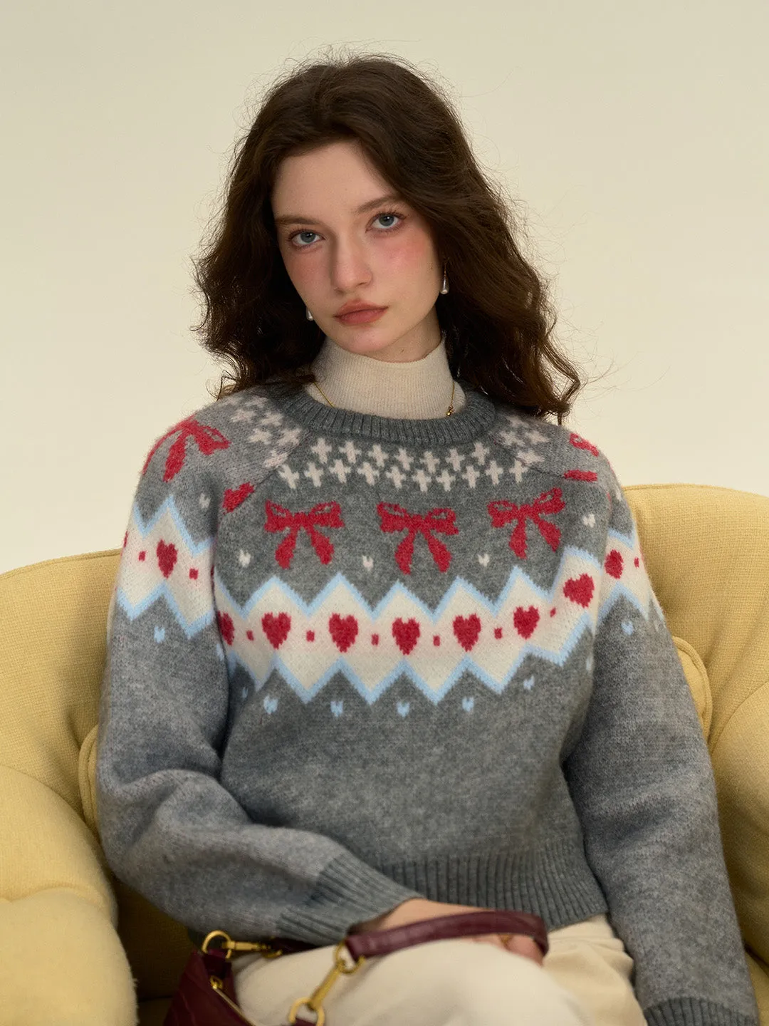 【Final Sale】Elina Round Neck Ribbed Embroidered Bow Heartcore Sweater