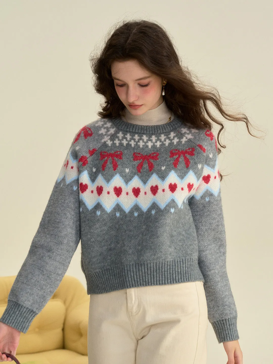 【Final Sale】Elina Round Neck Ribbed Embroidered Bow Heartcore Sweater