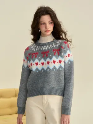 【Final Sale】Elina Round Neck Ribbed Embroidered Bow Heartcore Sweater