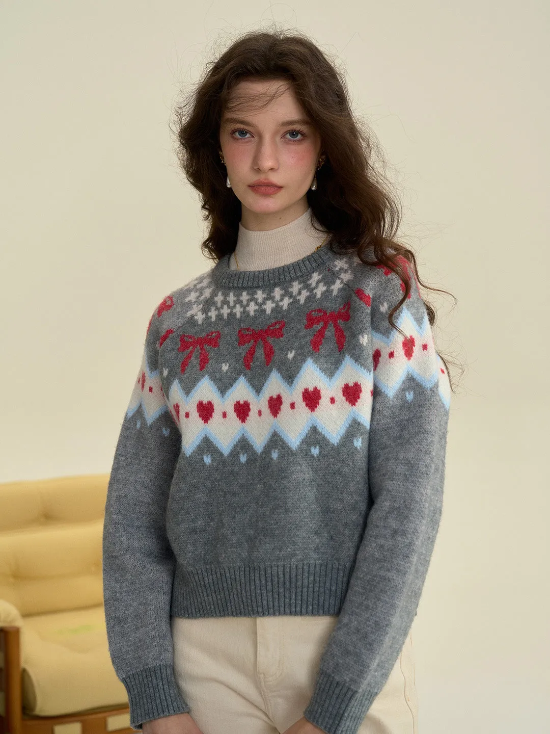 【Final Sale】Elina Round Neck Ribbed Embroidered Bow Heartcore Sweater