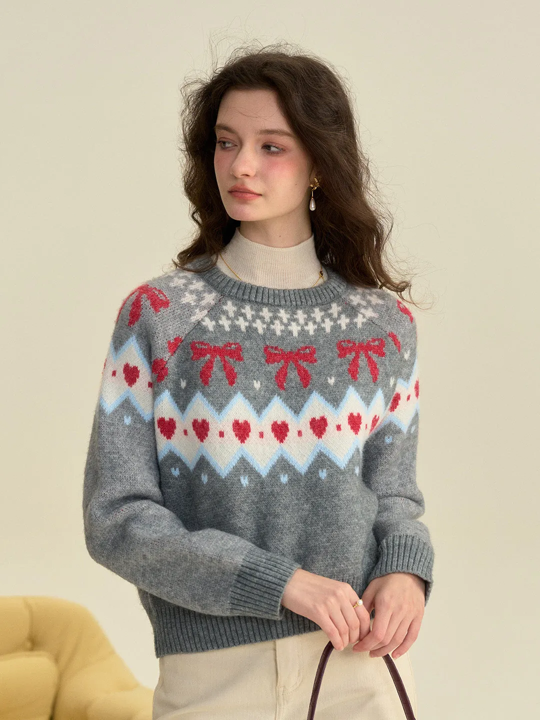【Final Sale】Elina Round Neck Ribbed Embroidered Bow Heartcore Sweater
