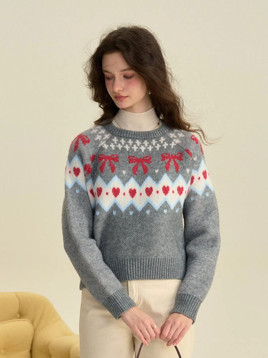 【Final Sale】Elina Round Neck Ribbed Embroidered Bow Heartcore Sweater