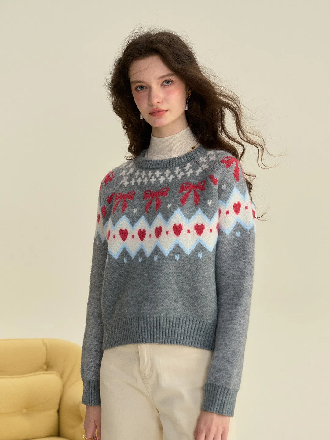 【Final Sale】Elina Round Neck Ribbed Embroidered Bow Heartcore Sweater