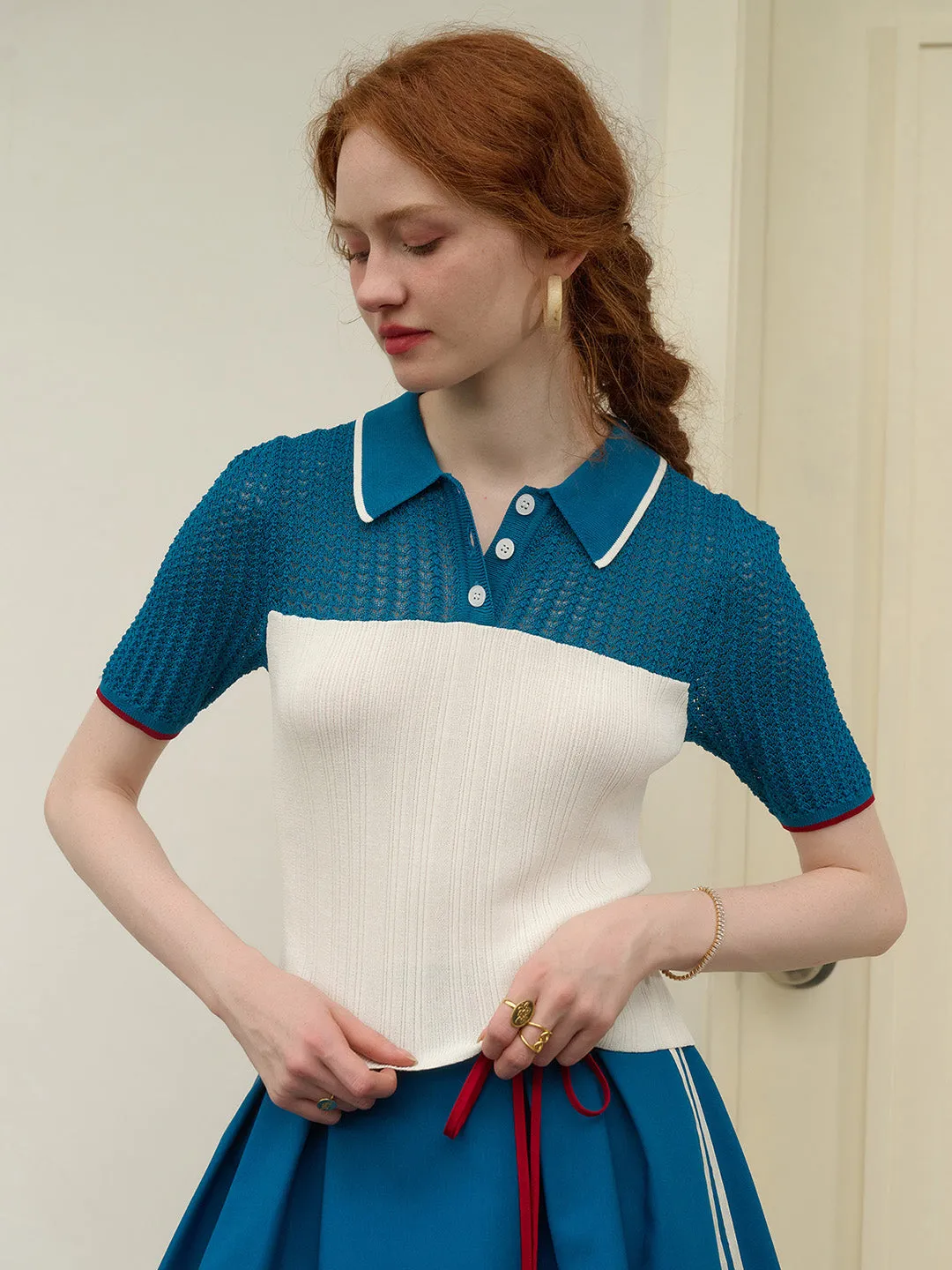 【Final Sale】Harmoni Notched Lapel Contrasting Knitted Top