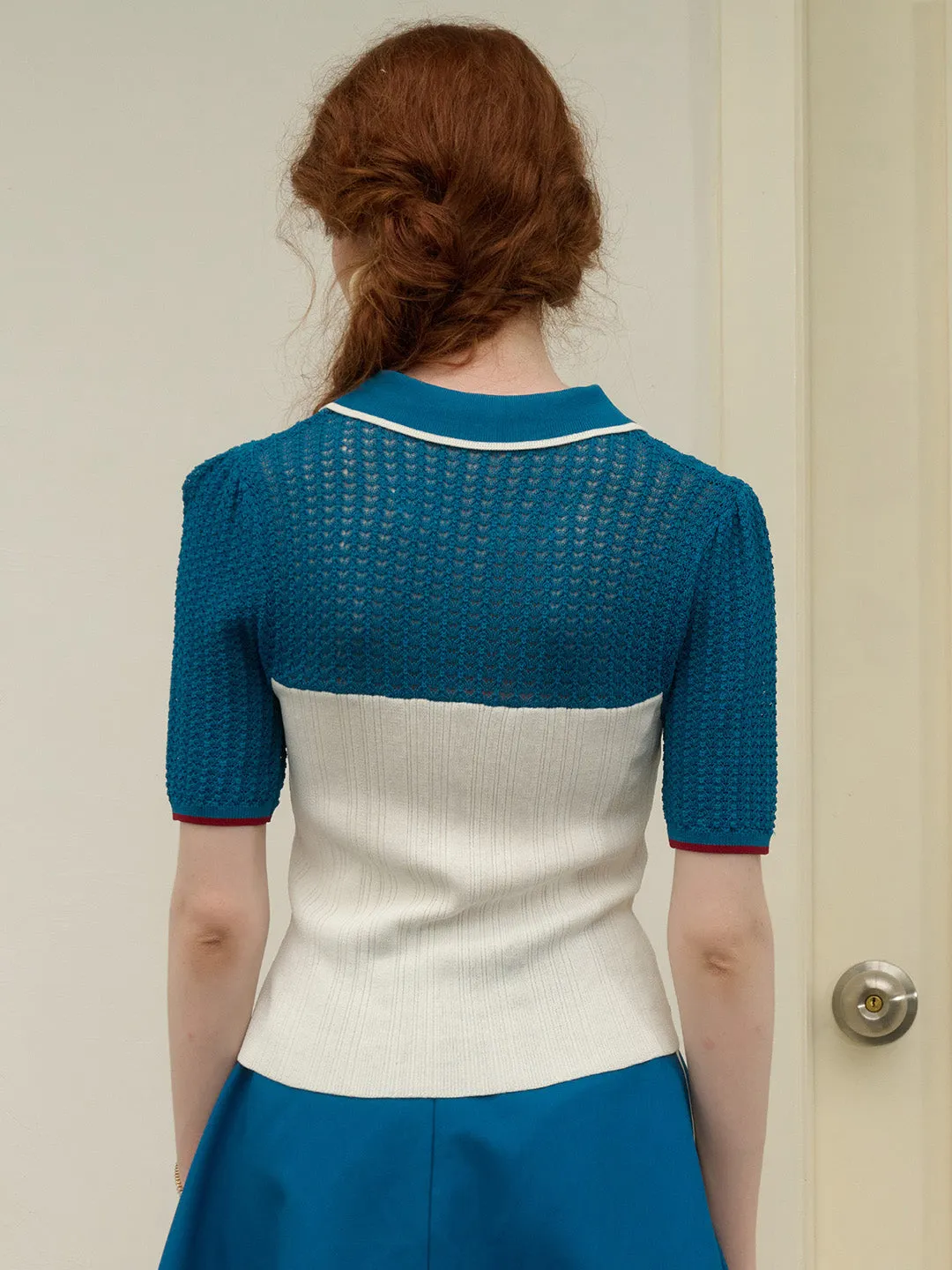 【Final Sale】Harmoni Notched Lapel Contrasting Knitted Top