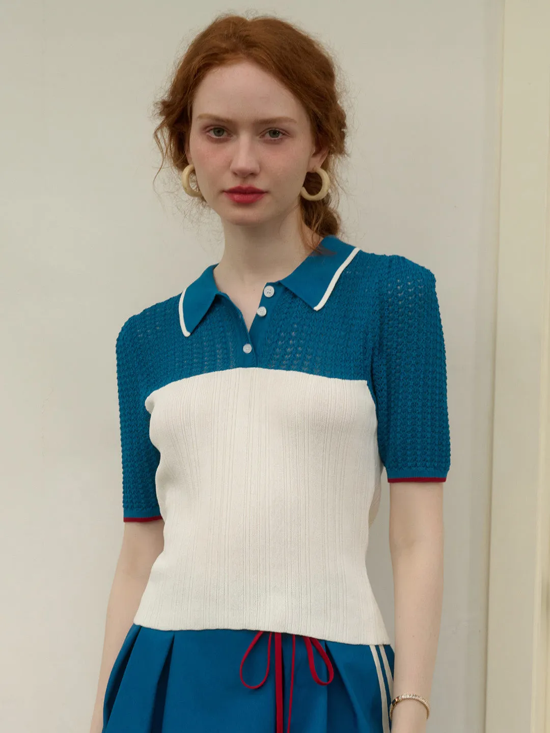 【Final Sale】Harmoni Notched Lapel Contrasting Knitted Top