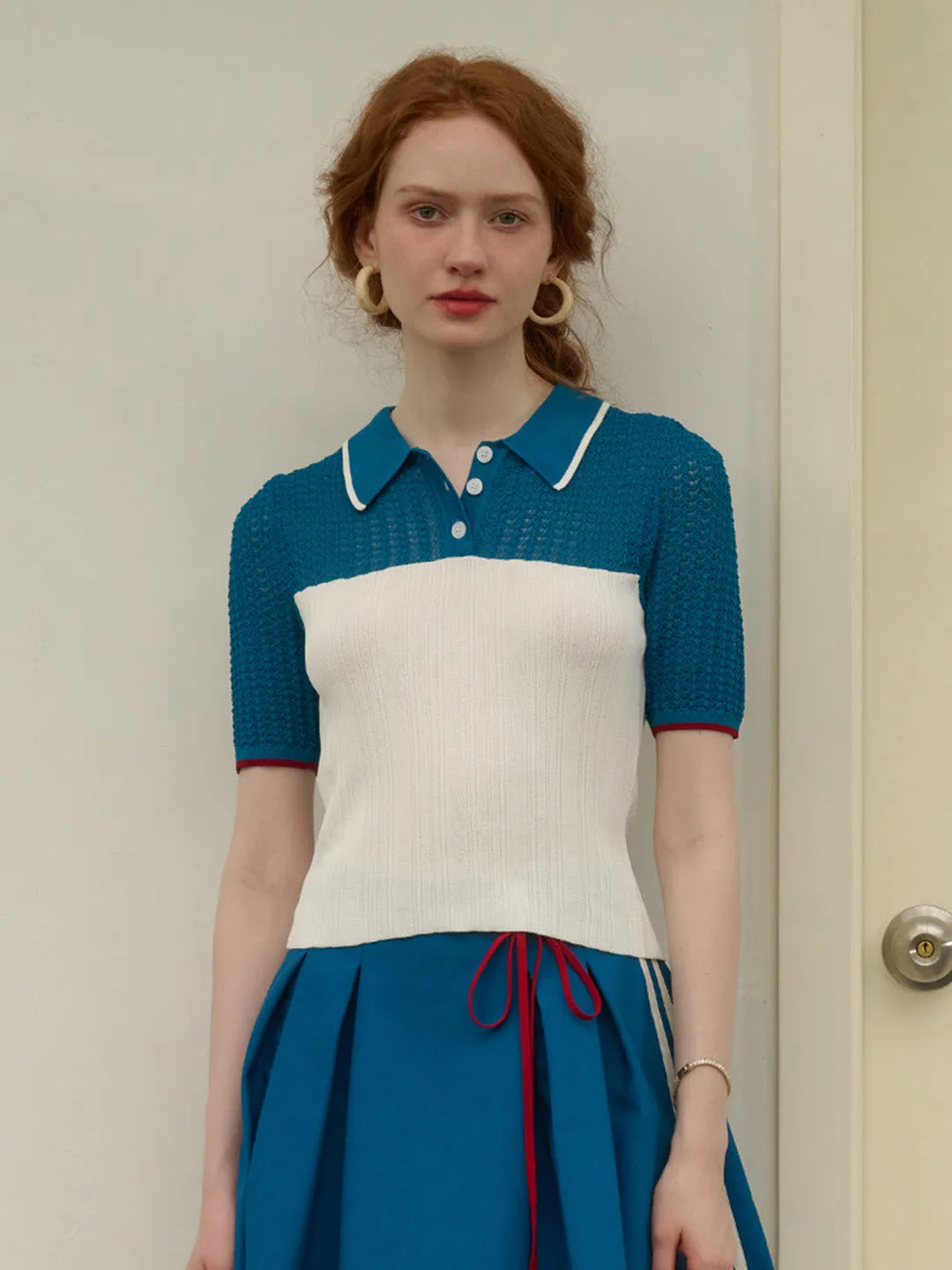 【Final Sale】Harmoni Notched Lapel Contrasting Knitted Top