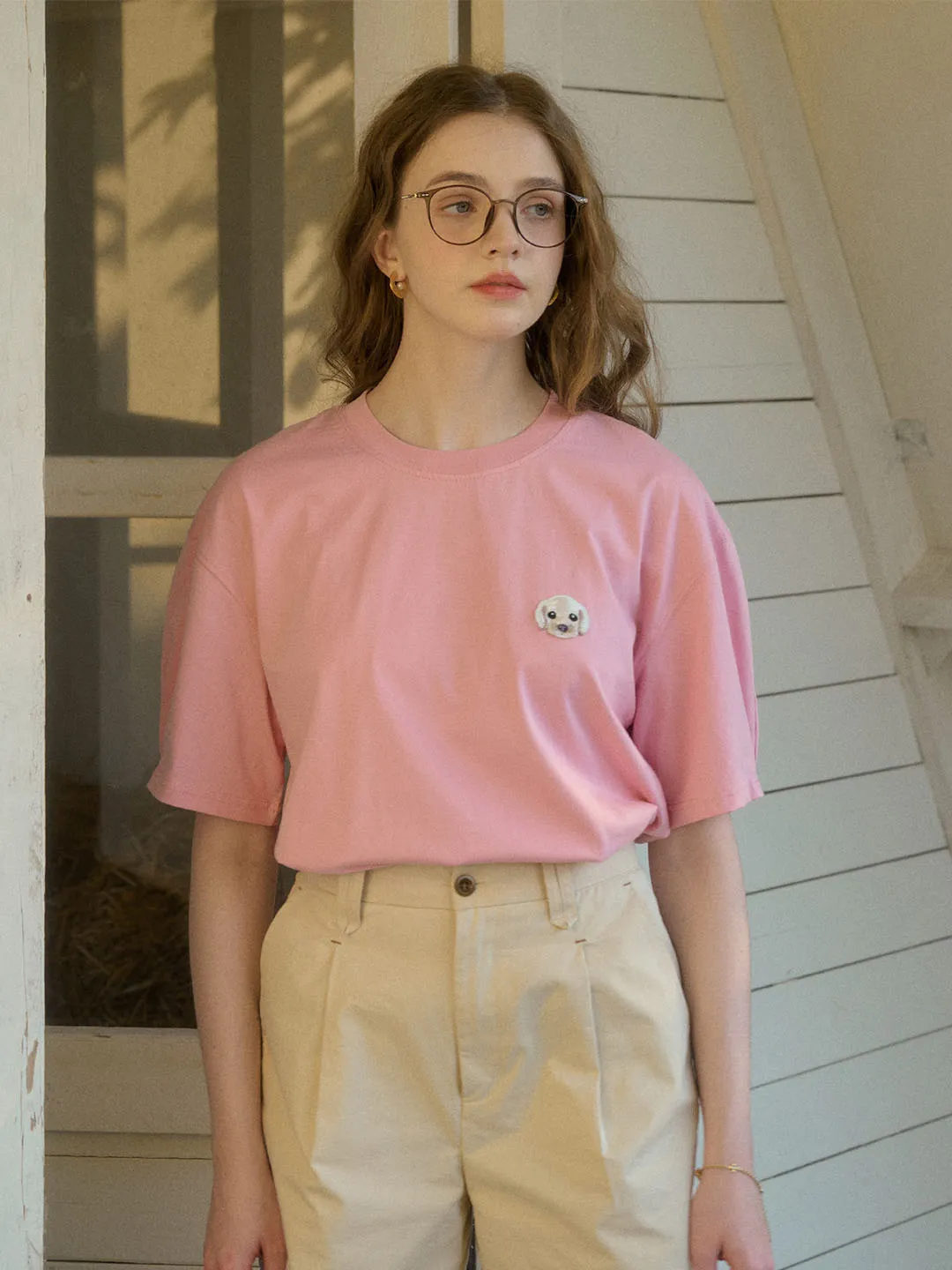 【Final Sale】Journey Puppy Applique Round Neck Short Sleeve Casual T-Shirt