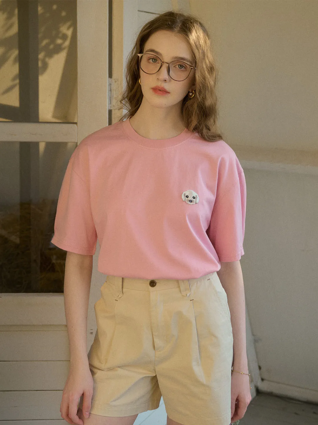 【Final Sale】Journey Puppy Applique Round Neck Short Sleeve Casual T-Shirt