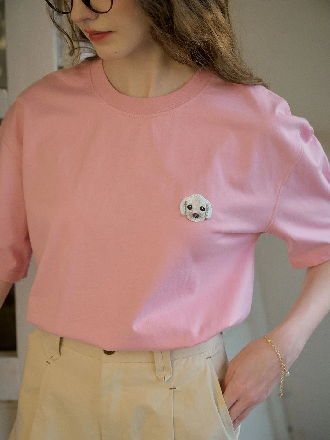 【Final Sale】Journey Puppy Applique Round Neck Short Sleeve Casual T-Shirt