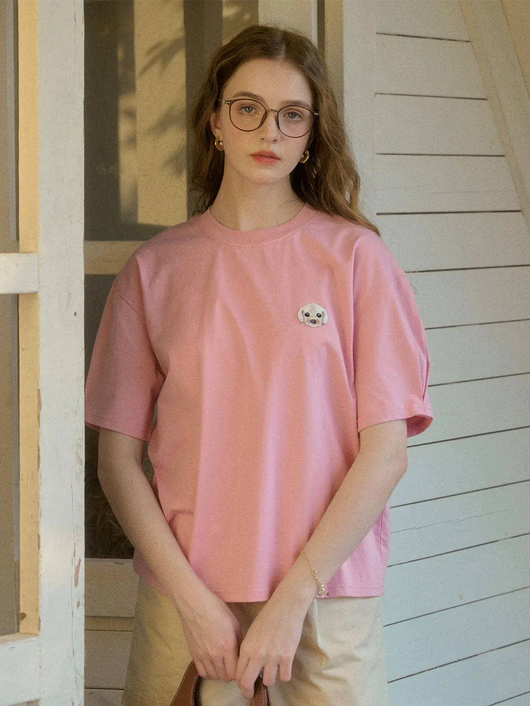 【Final Sale】Journey Puppy Applique Round Neck Short Sleeve Casual T-Shirt