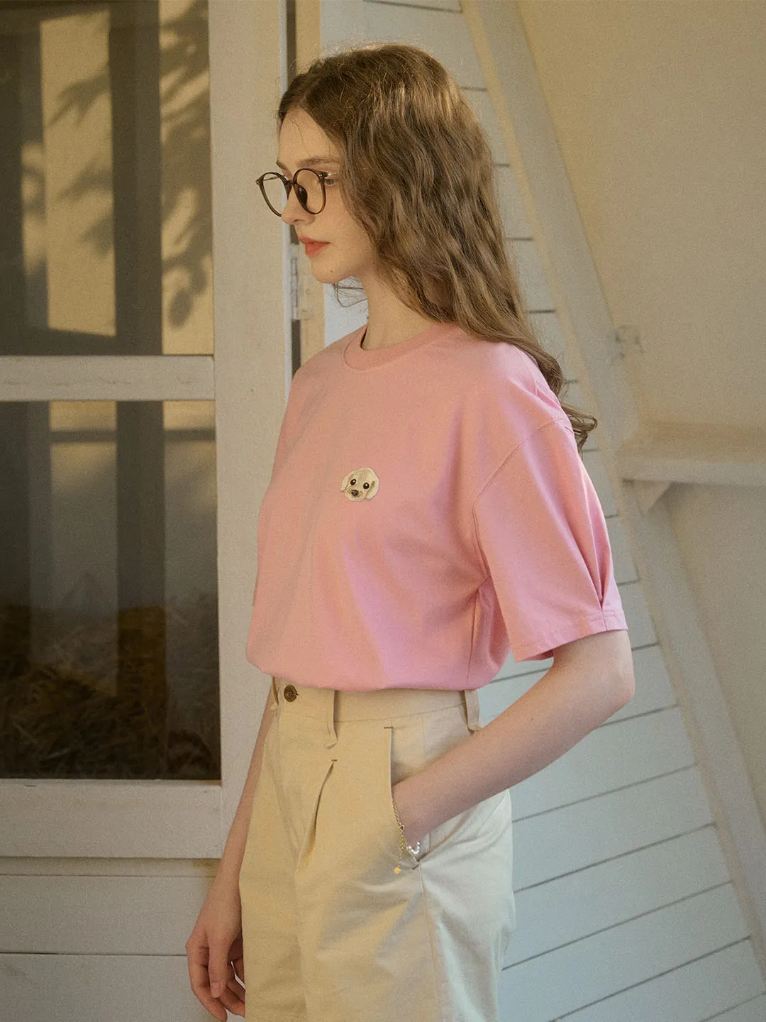 【Final Sale】Journey Puppy Applique Round Neck Short Sleeve Casual T-Shirt
