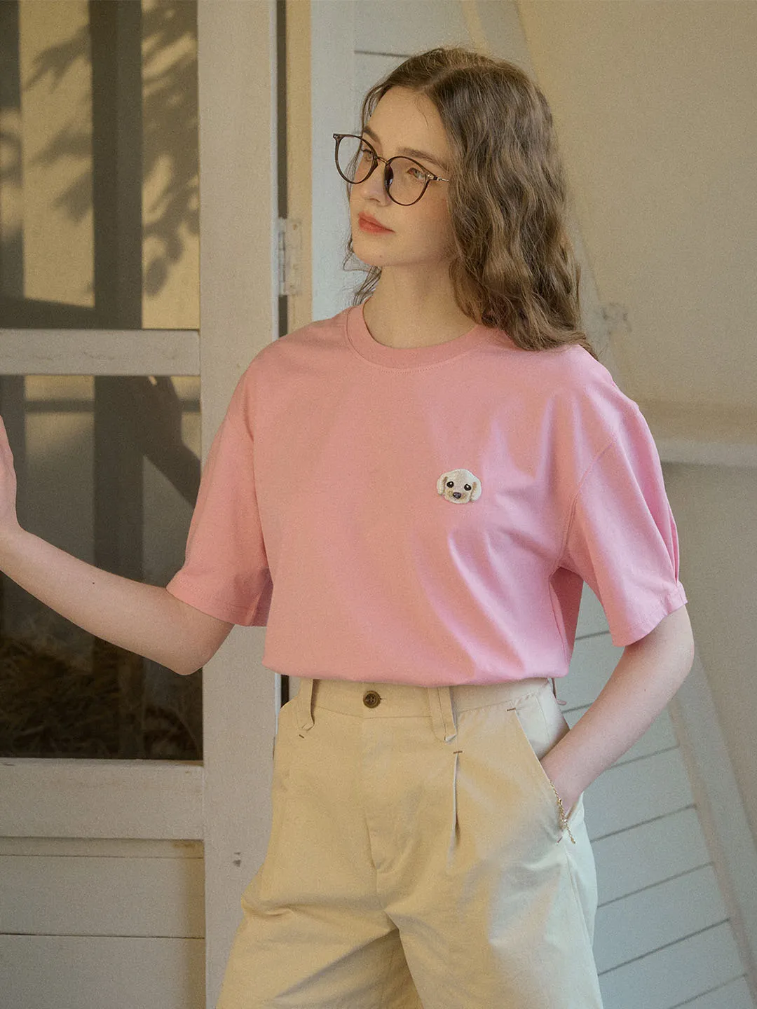 【Final Sale】Journey Puppy Applique Round Neck Short Sleeve Casual T-Shirt