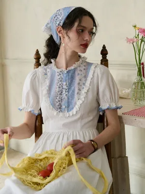 【Final Sale】Katie Lace Round Neck Striped Floral Contrast Puff Sleeve Patchwork Cotton Dress