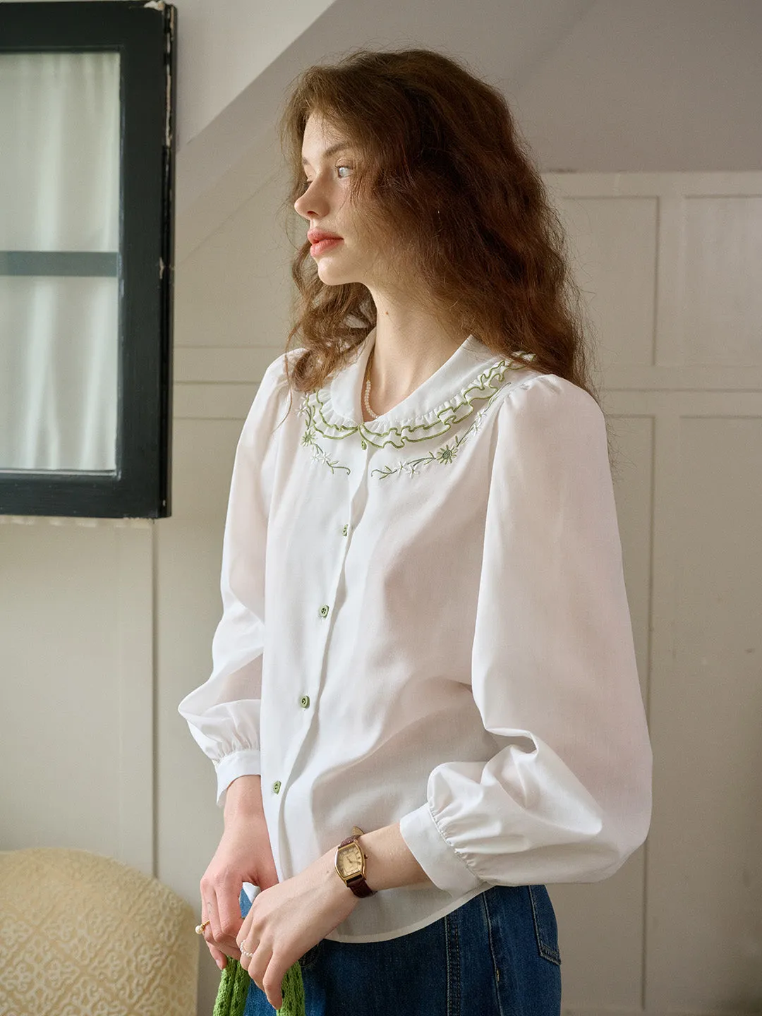【Final Sale】Maren Peter Pan Collar Floral Embroidery Blouse
