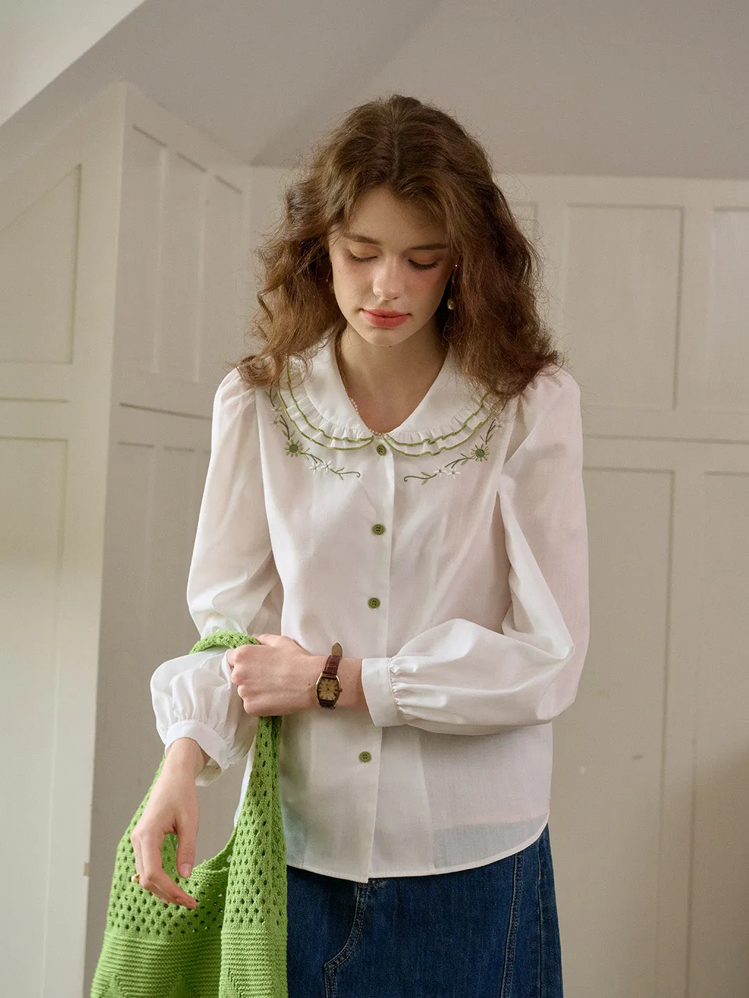 【Final Sale】Maren Peter Pan Collar Floral Embroidery Blouse