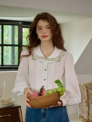 【Final Sale】Maren Peter Pan Collar Floral Embroidery Blouse
