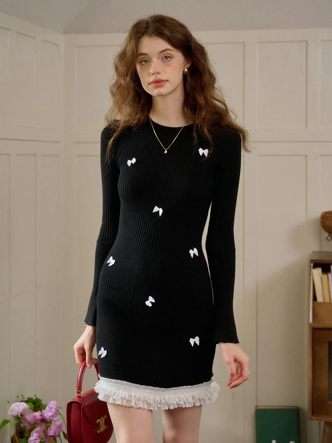【Final Sale】Rhea Round Neck Bow Knit Dress