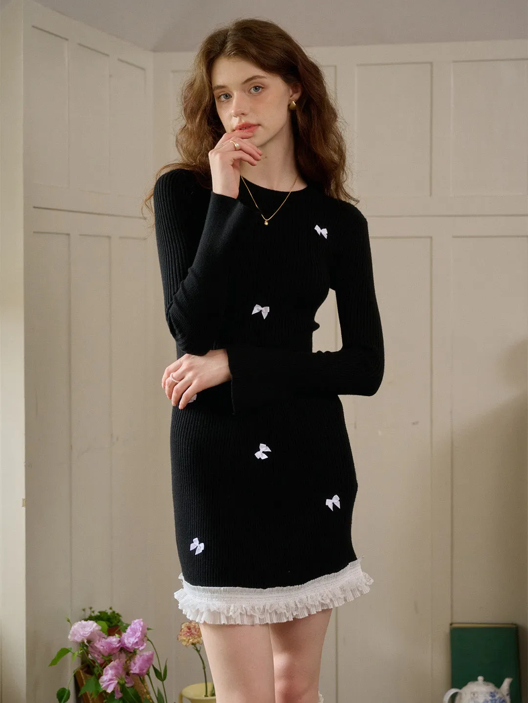 【Final Sale】Rhea Round Neck Bow Knit Dress