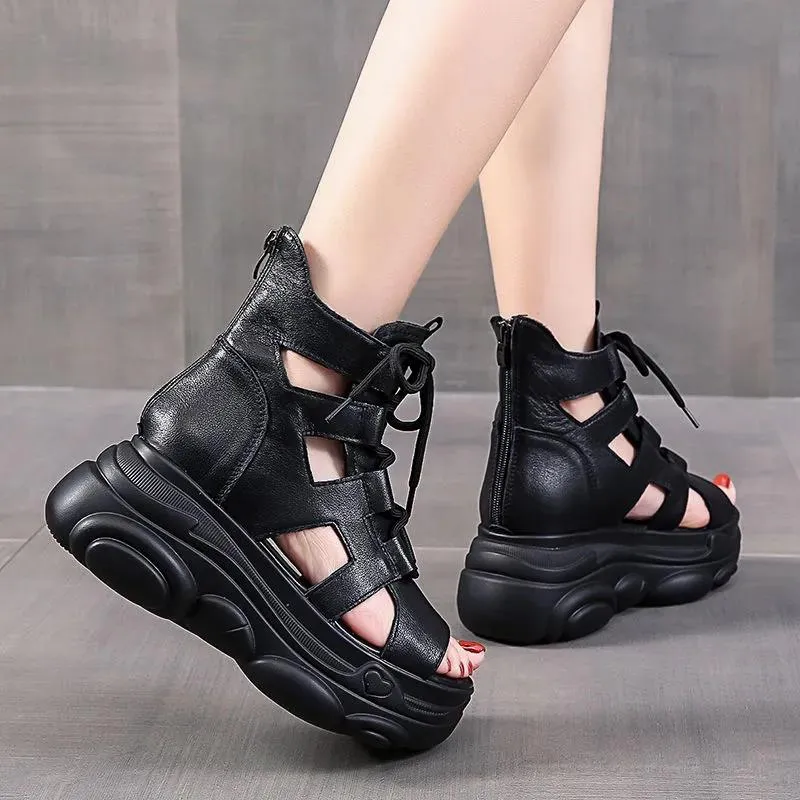 Fish Mouth Sandals Fashion Women's Boots with Increased Slope Heels Summer All-match Thick-soled Sponge Cake Roman Beach Shoes