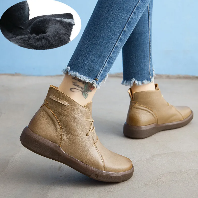 Flat Retro Short Boots Fleece Warm Mid-heel Casual Women's Shoes