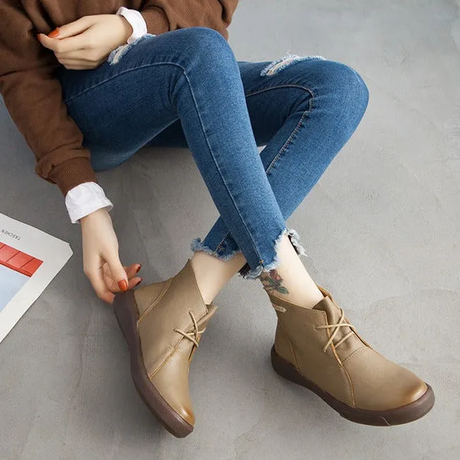 Flat Retro Short Boots Fleece Warm Mid-heel Casual Women's Shoes