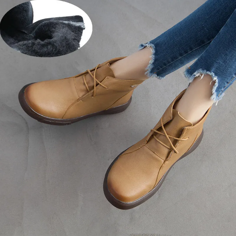 Flat Retro Short Boots Fleece Warm Mid-heel Casual Women's Shoes