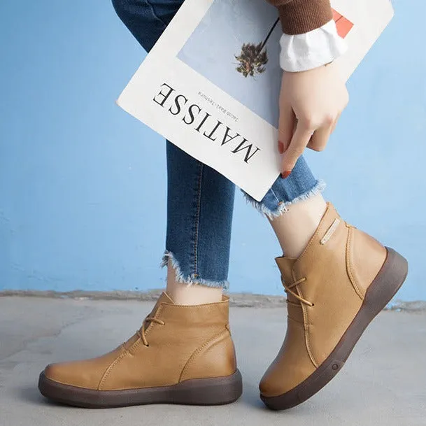 Flat Retro Short Boots Fleece Warm Mid-heel Casual Women's Shoes