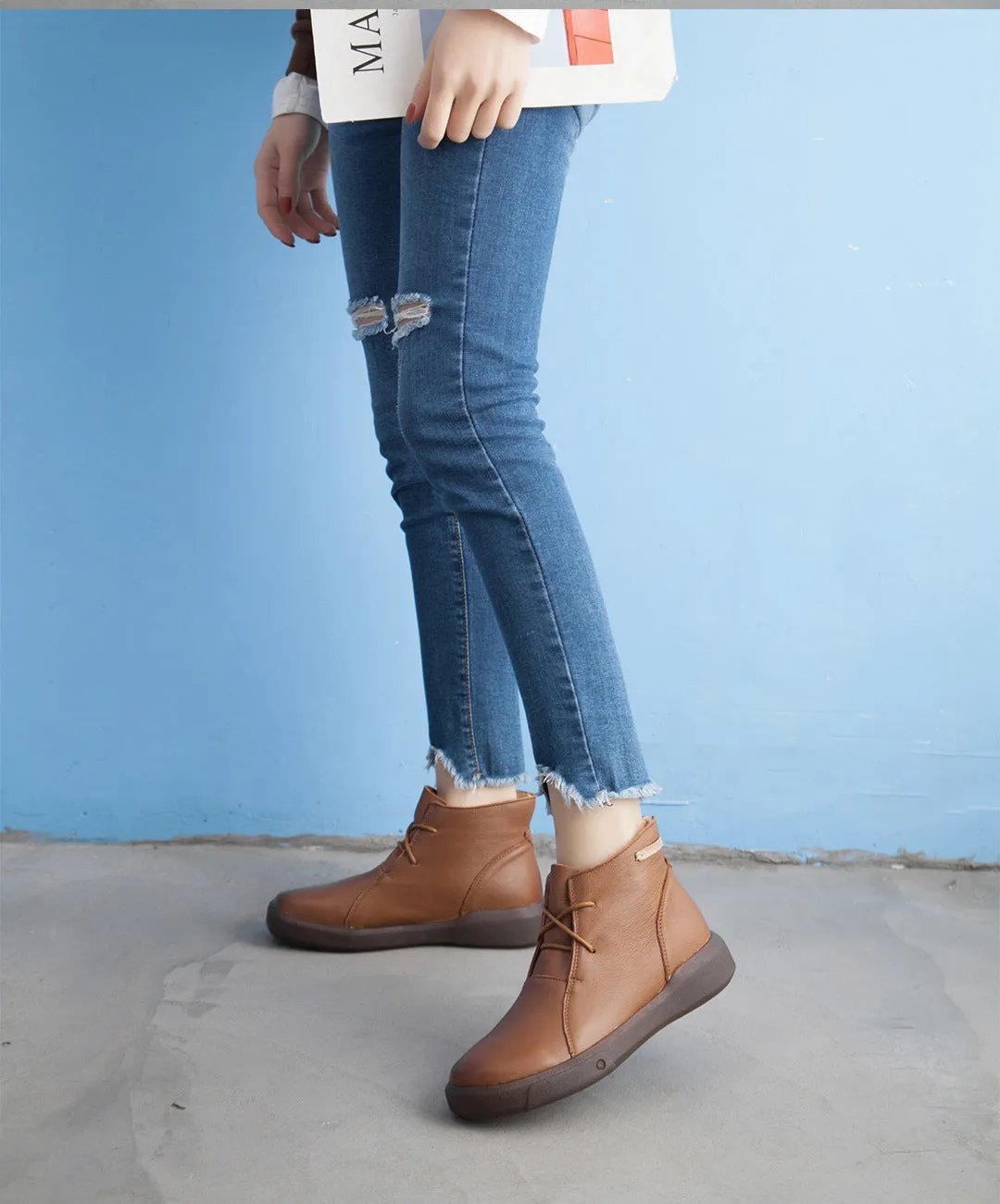 Flat Retro Short Boots Fleece Warm Mid-heel Casual Women's Shoes