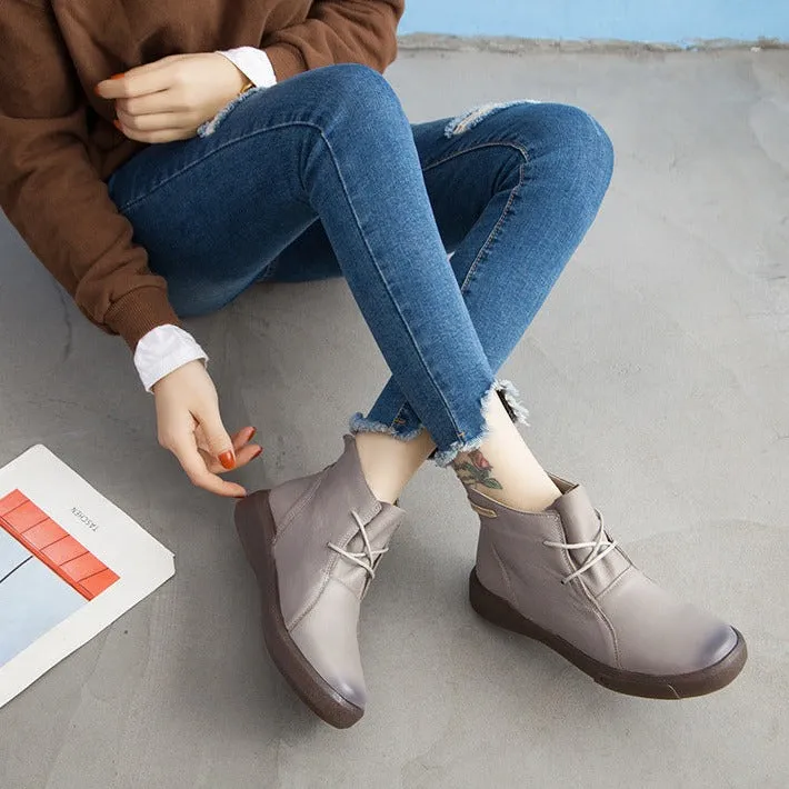 Flat Retro Short Boots Fleece Warm Mid-heel Casual Women's Shoes