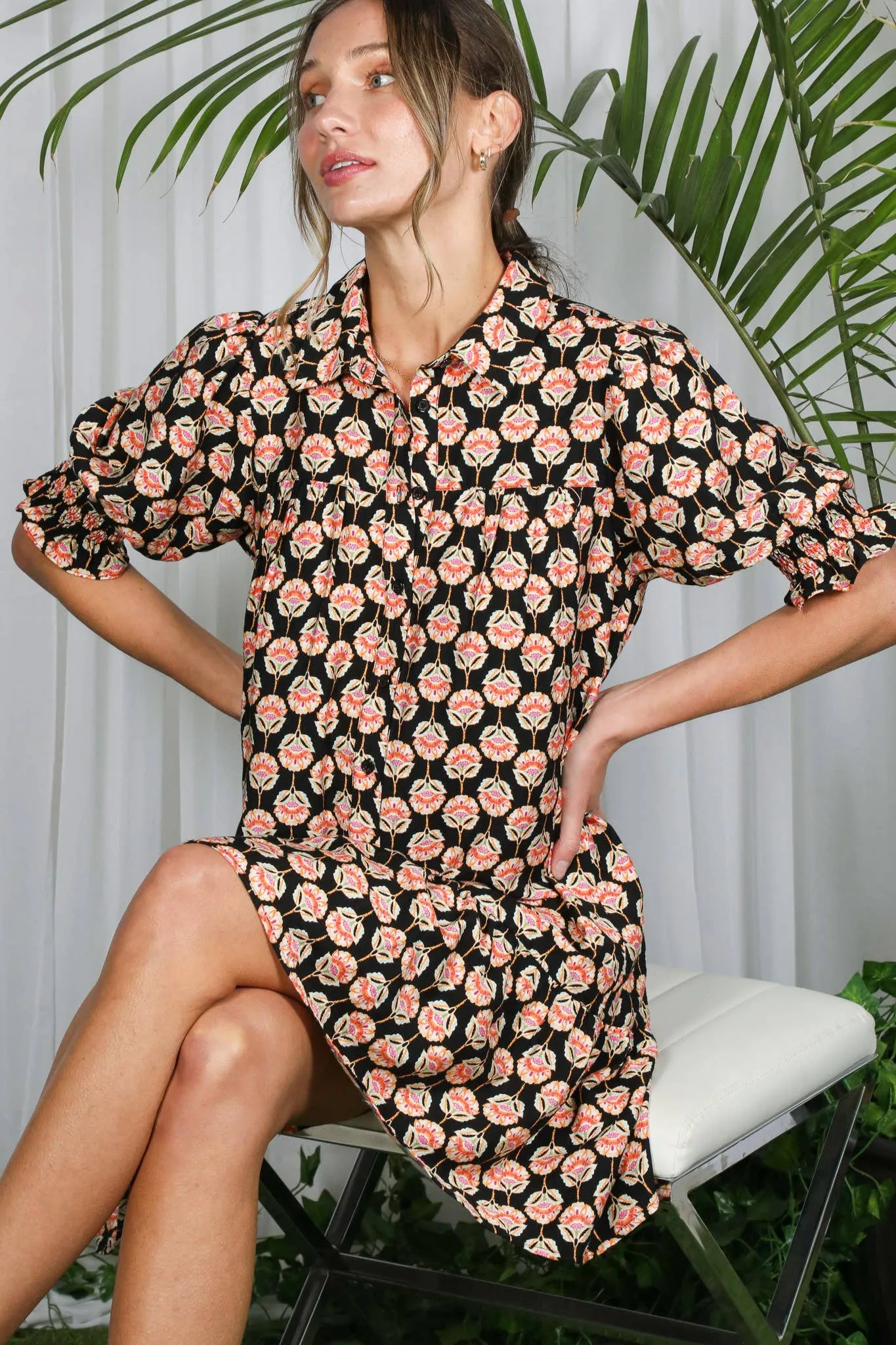 Floral Geo Smocked Ruffled Shirt Dress