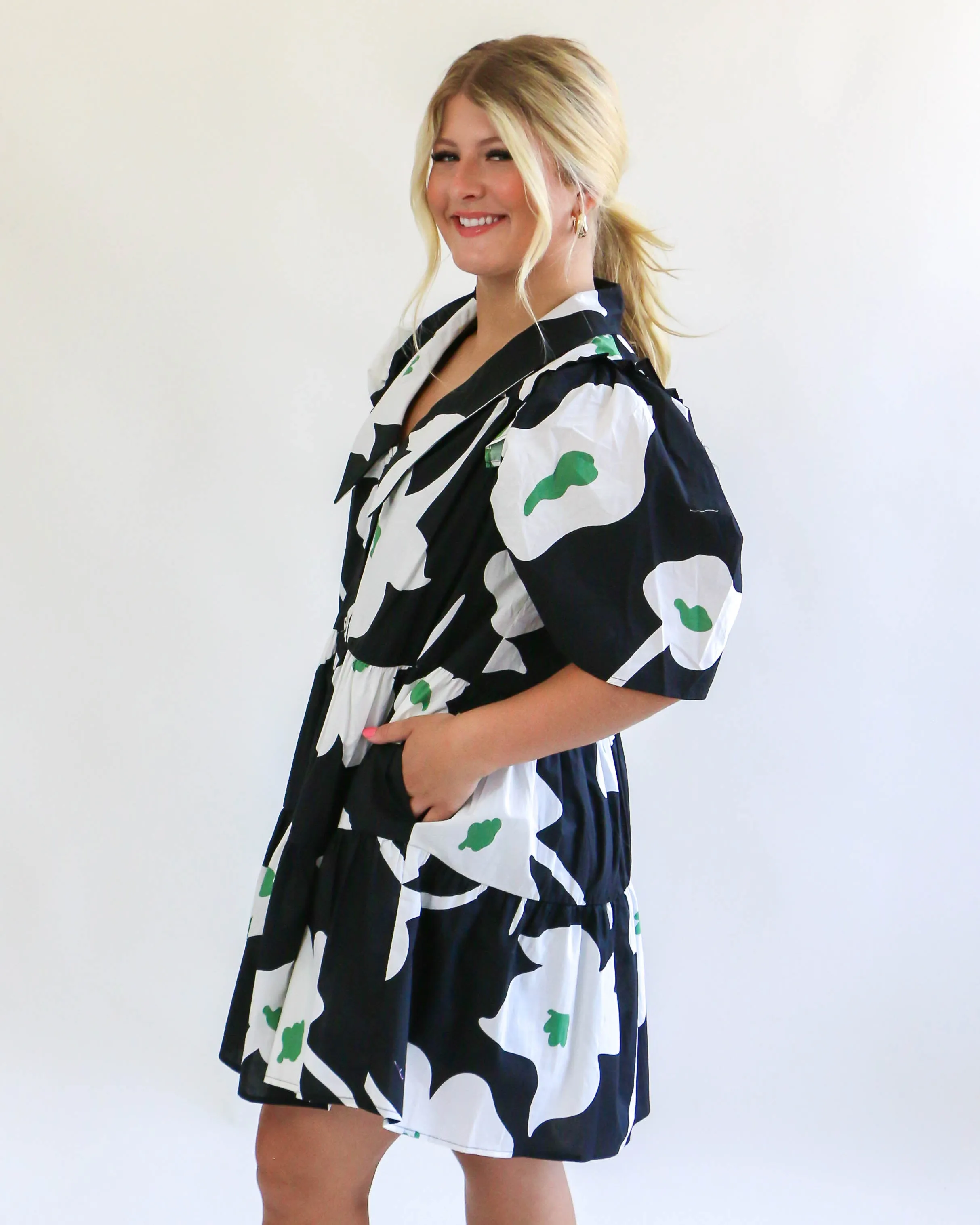 Floral Oversized Collared Button Up Mini Dress in Black