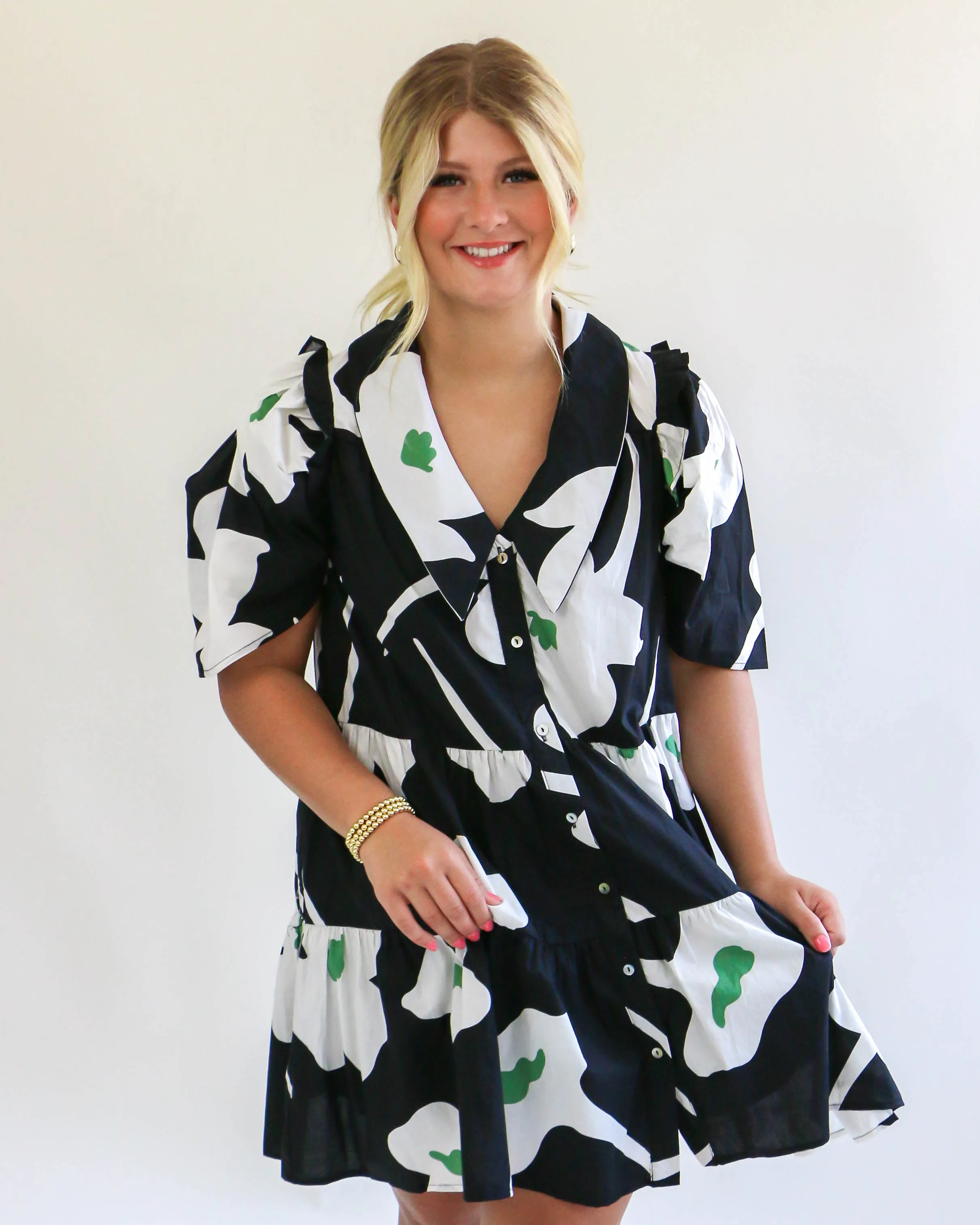 Floral Oversized Collared Button Up Mini Dress in Black