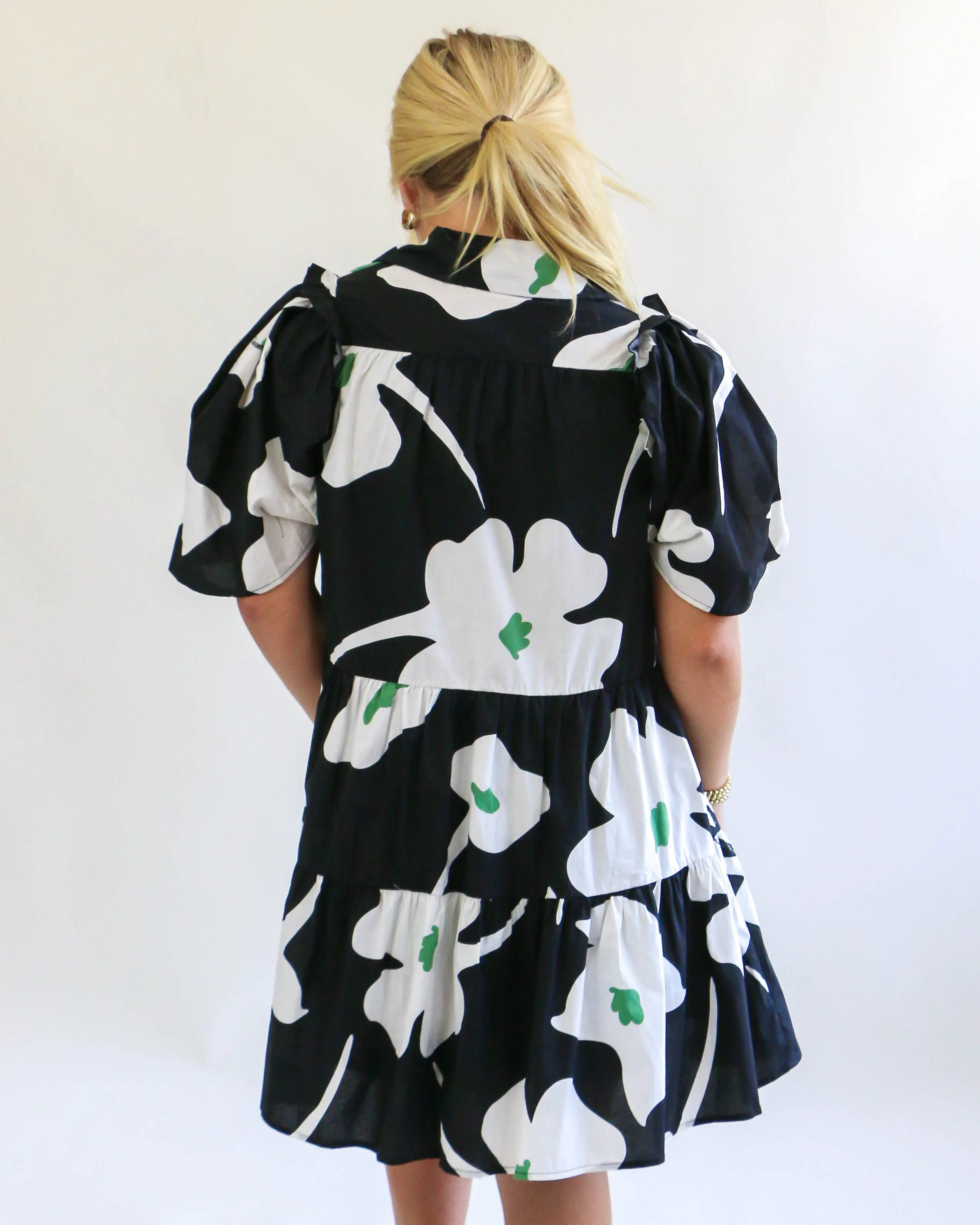 Floral Oversized Collared Button Up Mini Dress in Black