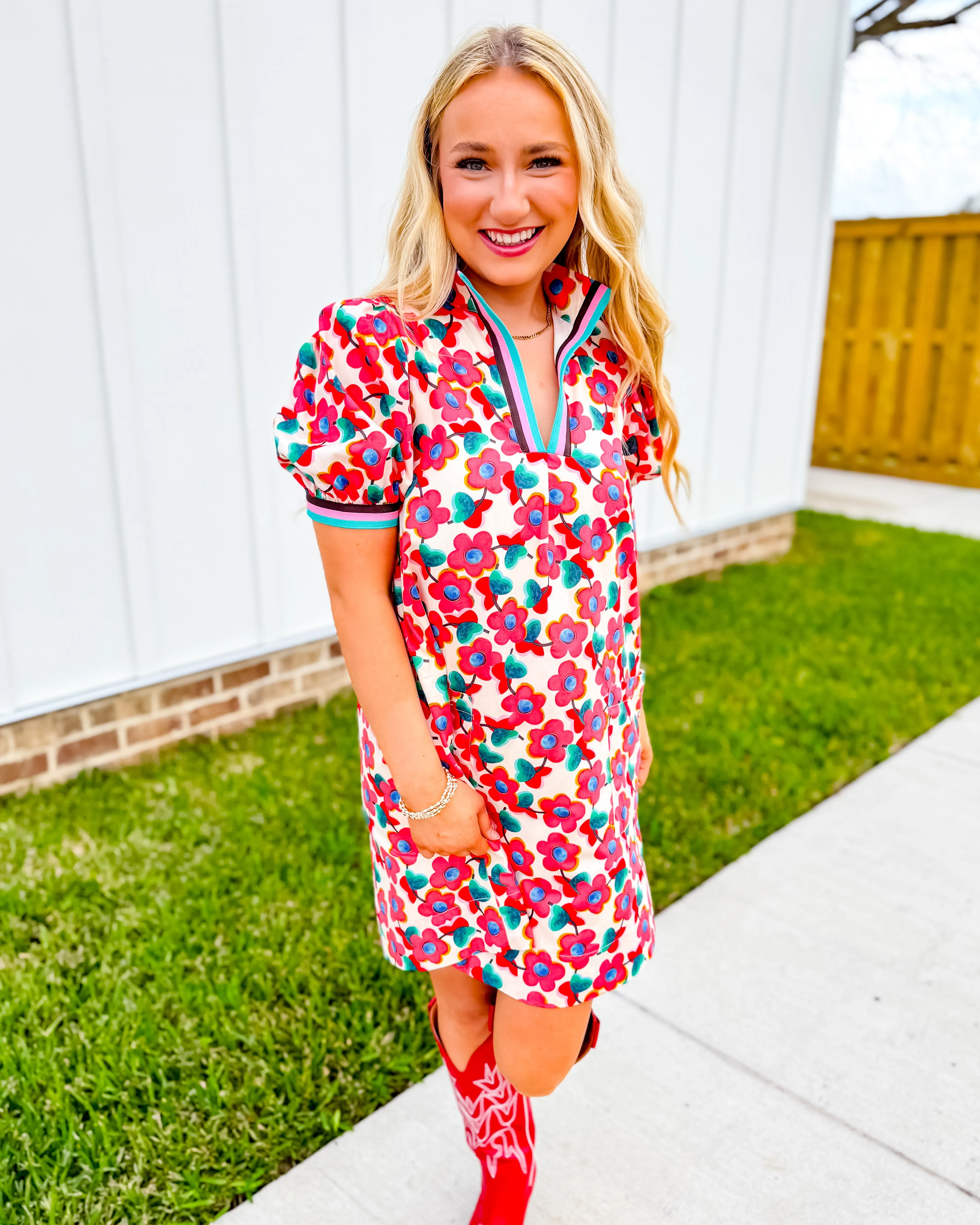 Floral Print Ribbon Detail Dress in Red