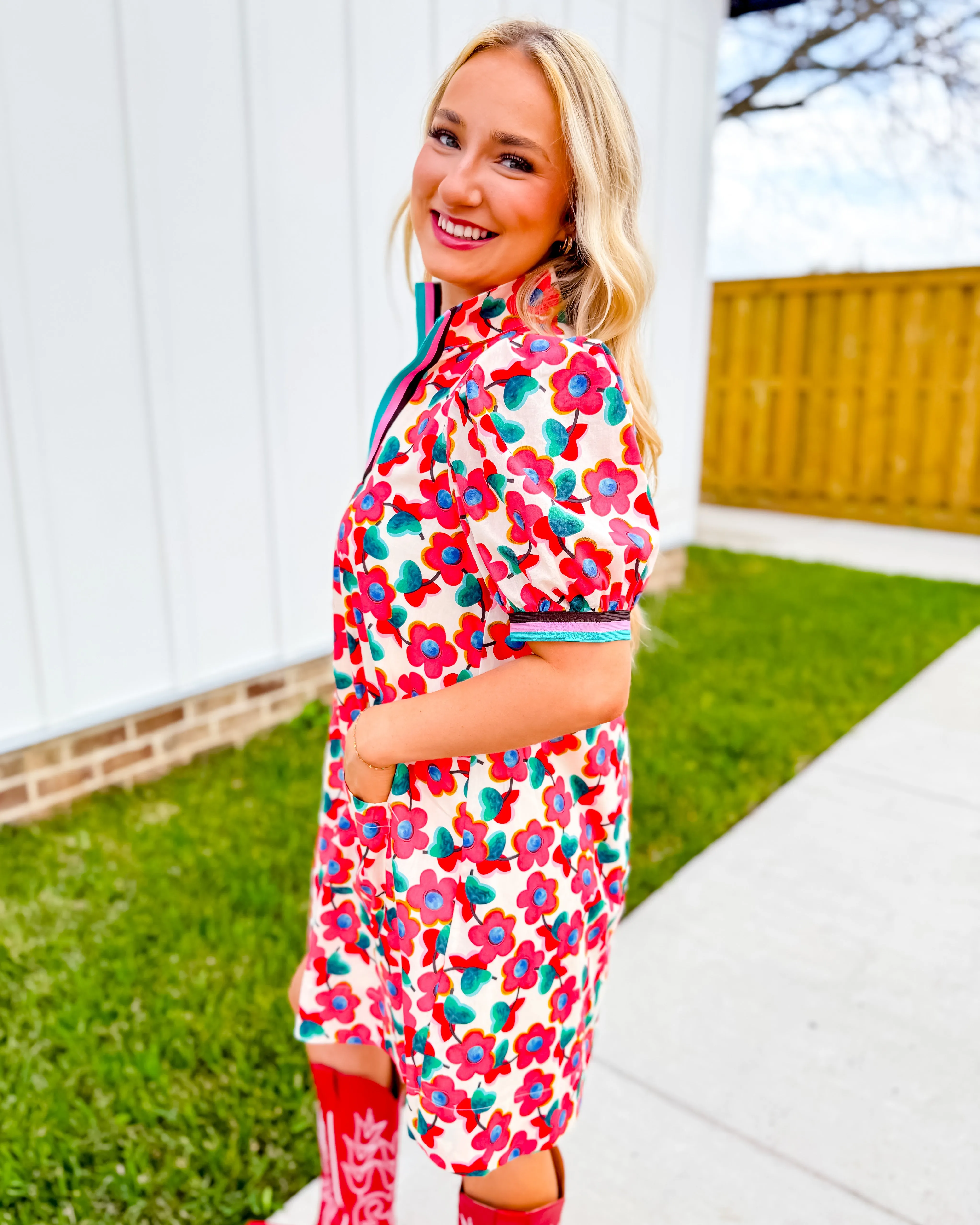 Floral Print Ribbon Detail Dress in Red