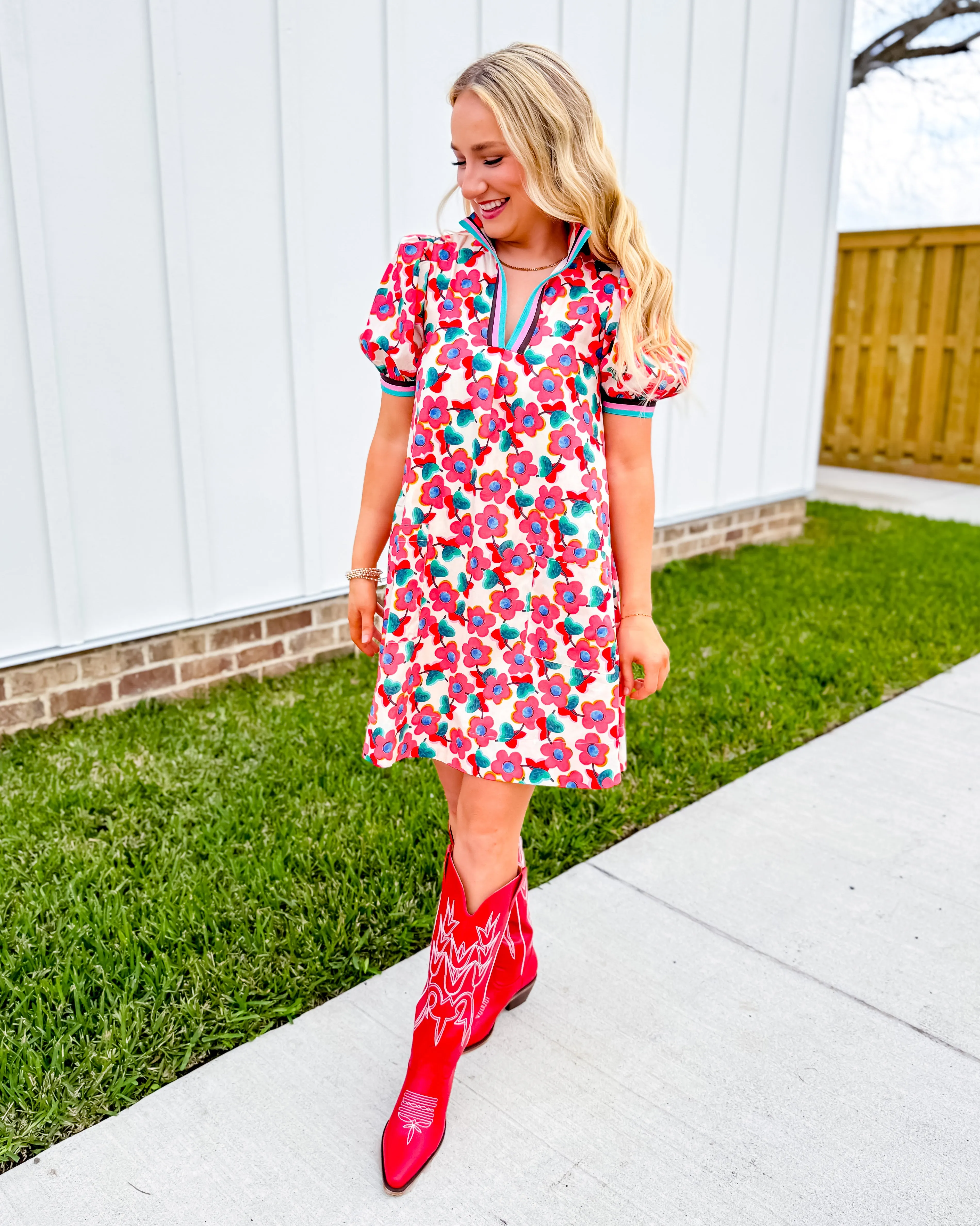 Floral Print Ribbon Detail Dress in Red