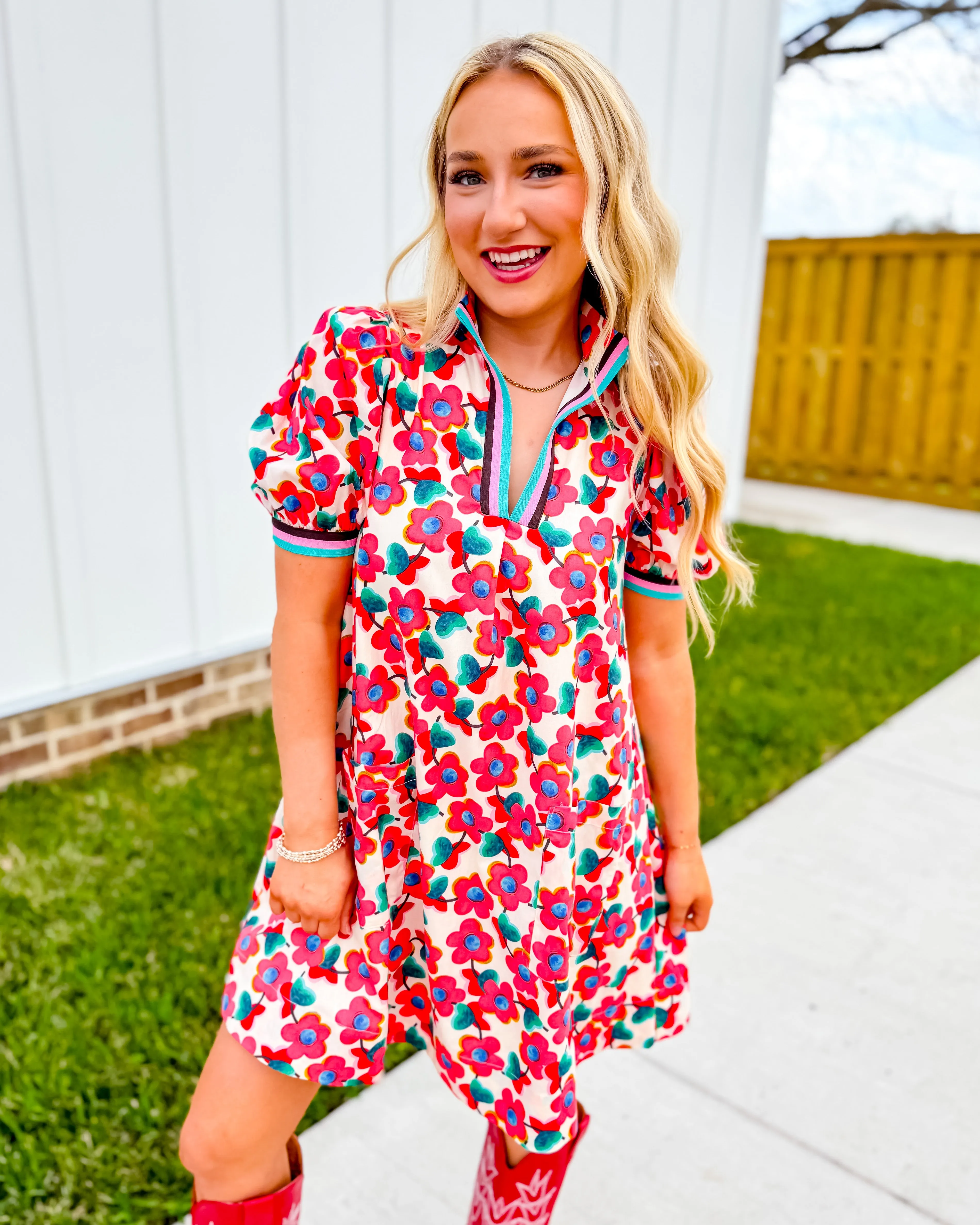 Floral Print Ribbon Detail Dress in Red