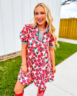 Floral Print Ribbon Detail Dress in Red