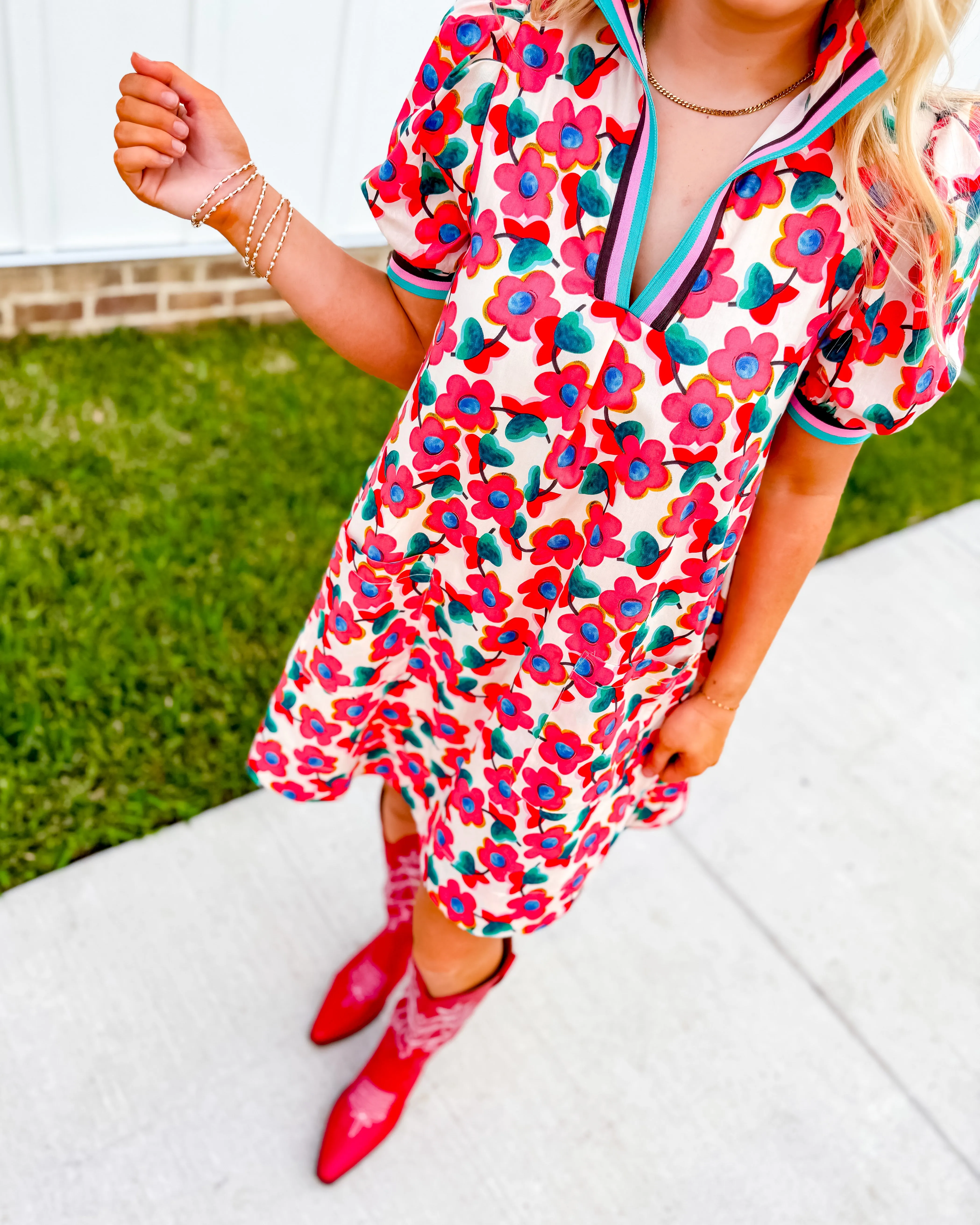 Floral Print Ribbon Detail Dress in Red