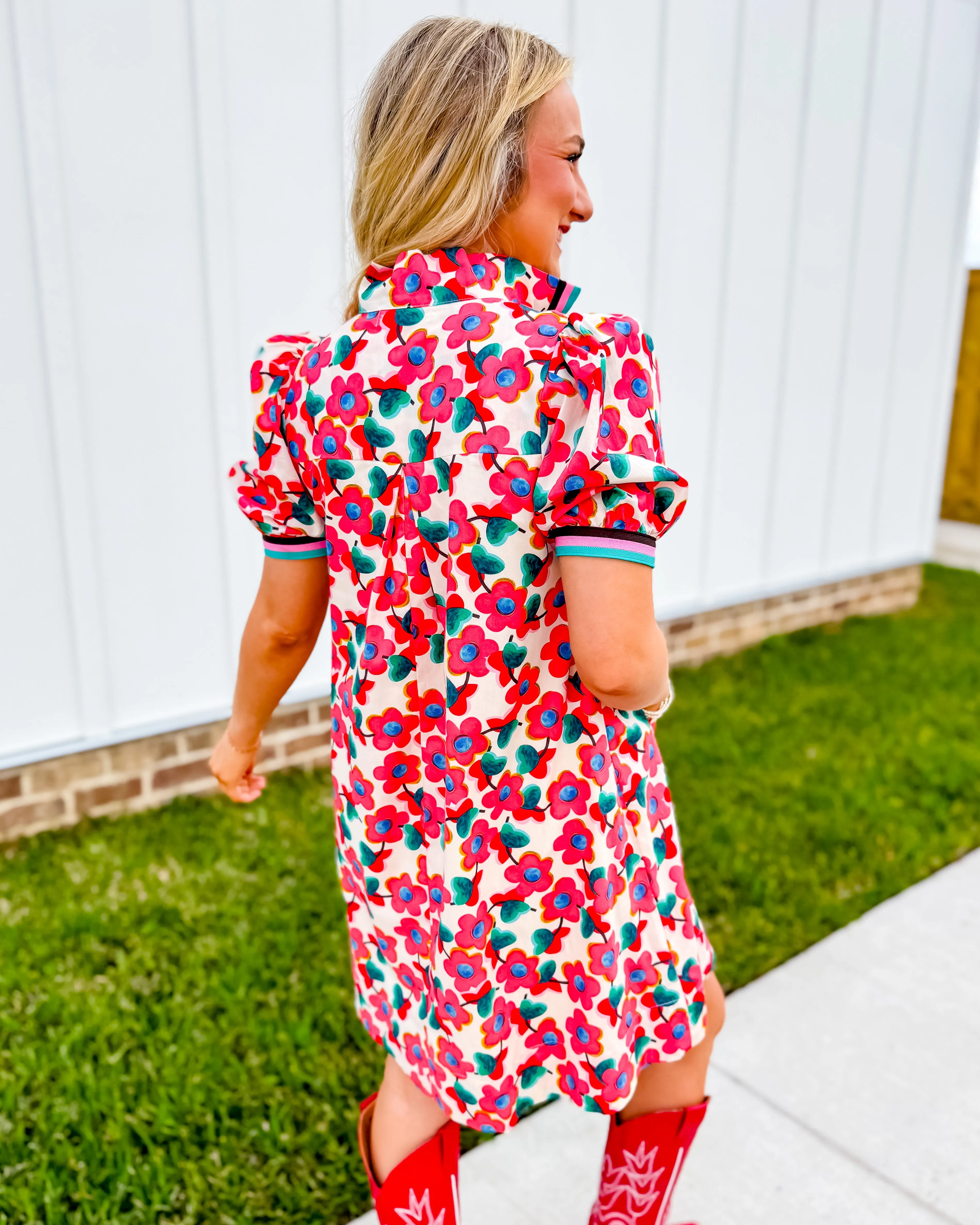 Floral Print Ribbon Detail Dress in Red