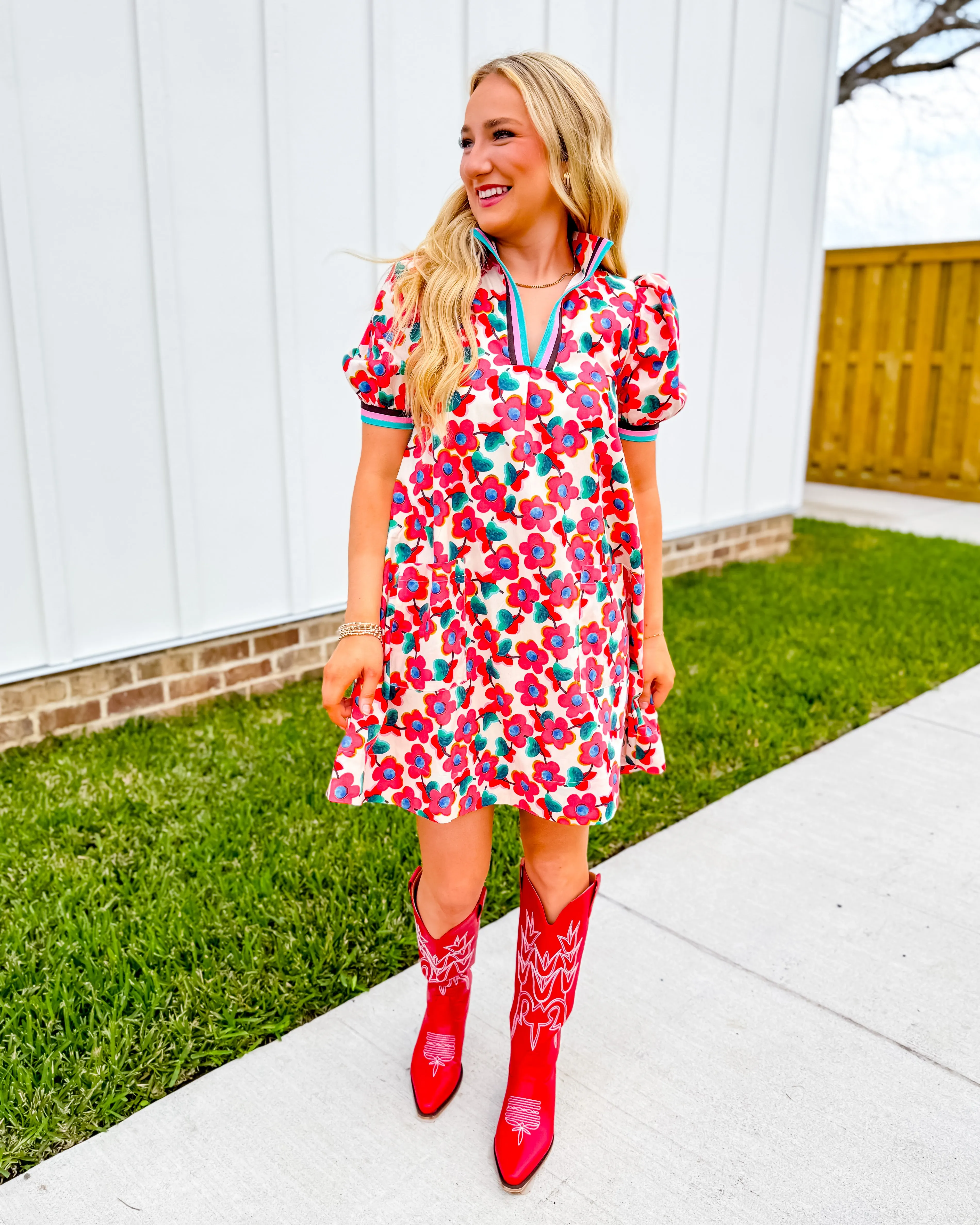 Floral Print Ribbon Detail Dress in Red